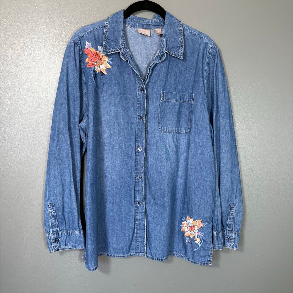Chico's Women's Blue Chambray Boho Embroidered Button Up Shirt - Size 2 (Large)